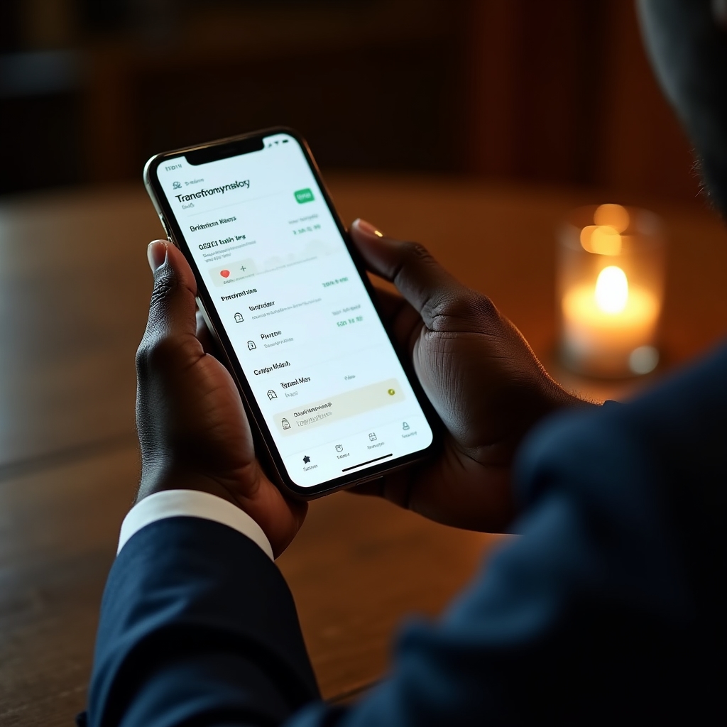 Close-up of hands setting up an automatic bank transfer on a smartphone, soft warm light, shallow depth of field