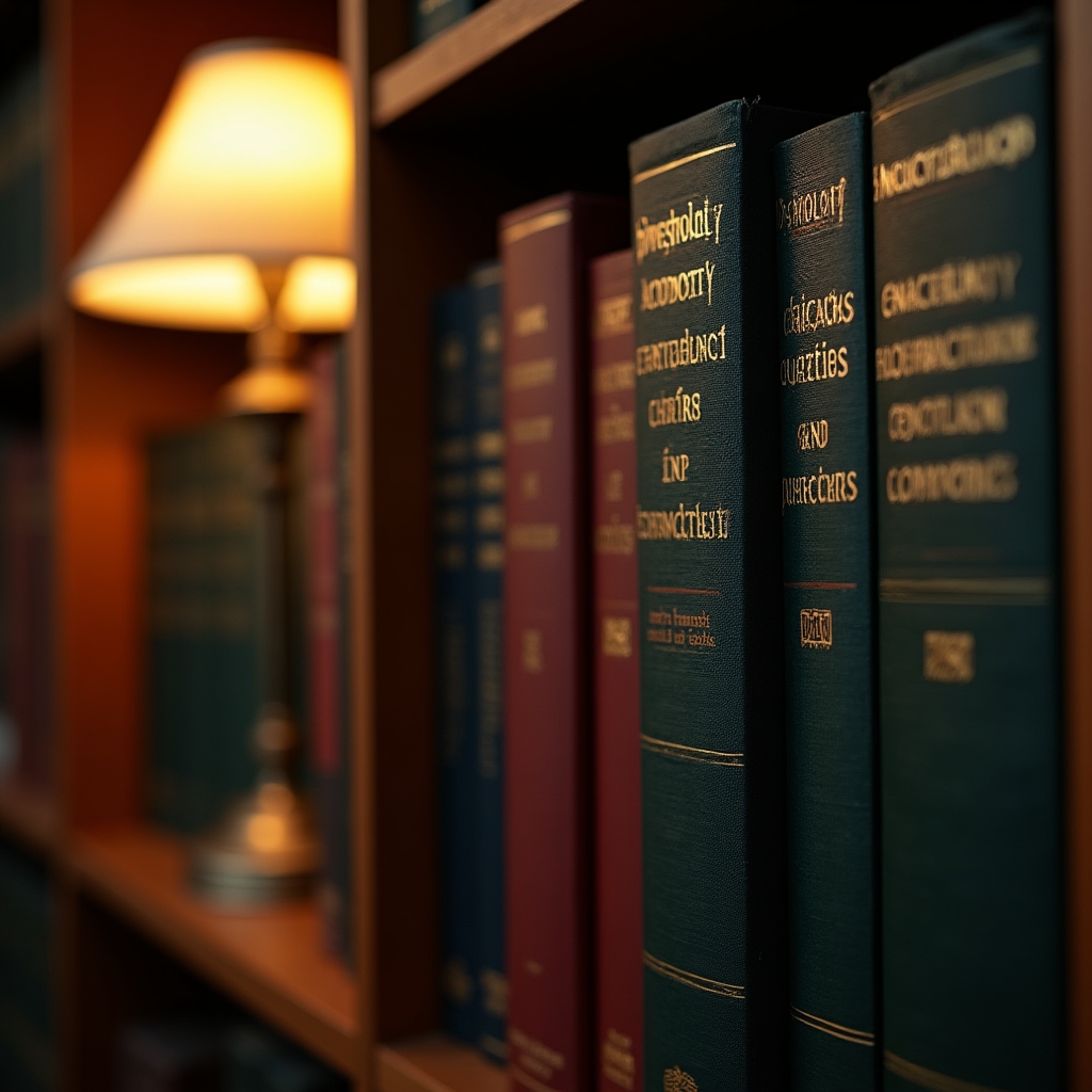 Close-up of a library bookshelf with behavioural economics and psychology titles, warm amber light casting gentle shadows across the spines