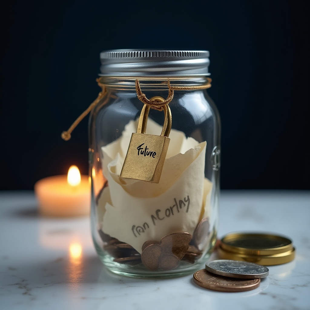Glass savings jar with a physical padlock on a minimal white surface, symbolising a commitment device for saving money