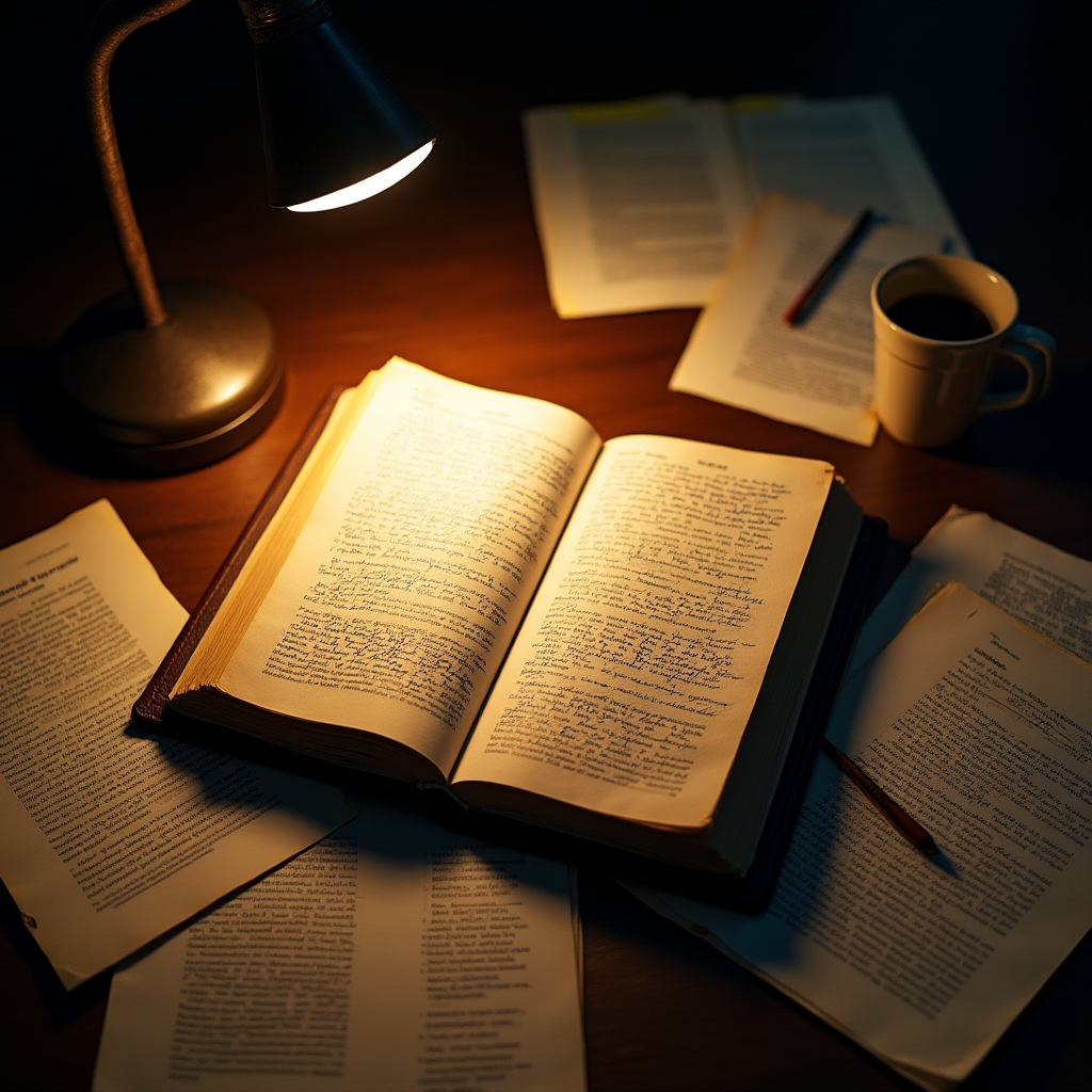 Worn research notebook open to handwritten notes about behavioural economics, surrounded by printed academic papers and a steaming coffee mug