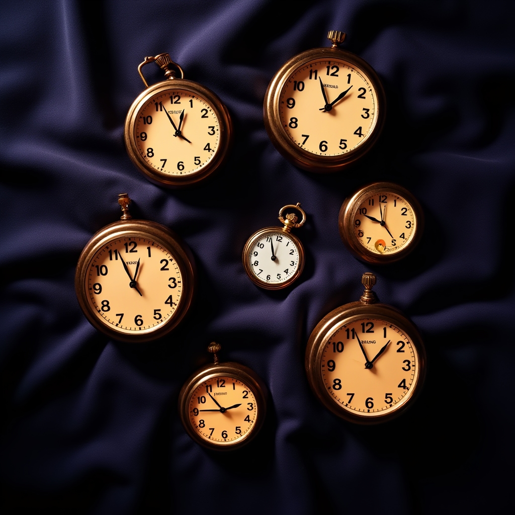 Abstract illustration of overlapping clocks and time indicators representing present bias in decision making