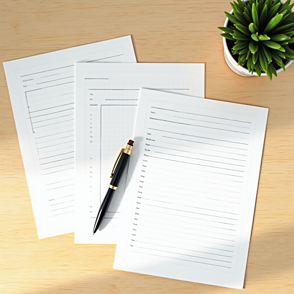 Neatly arranged printable worksheets on a clean wooden desk with a pen, warm side lighting, minimal composition