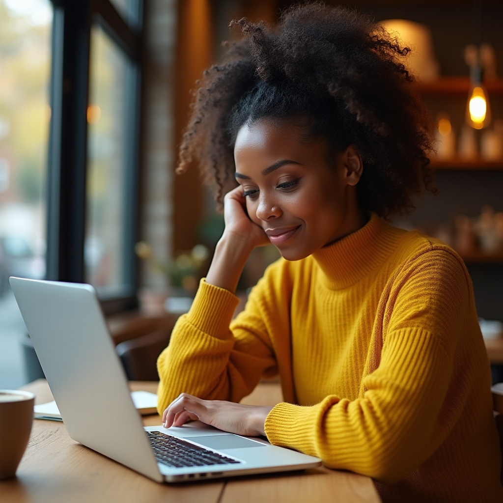 Young woman in her late twenties reading financial psychology article on a laptop in a warm cafe environment, natural light, relaxed concentration