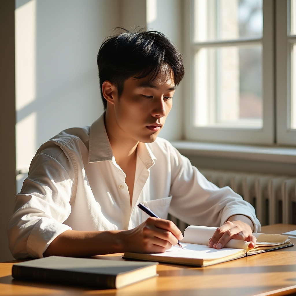 Young man in his late twenties writing in a notebook by a large window, morning light, thoughtful focused expression, minimal room interior
