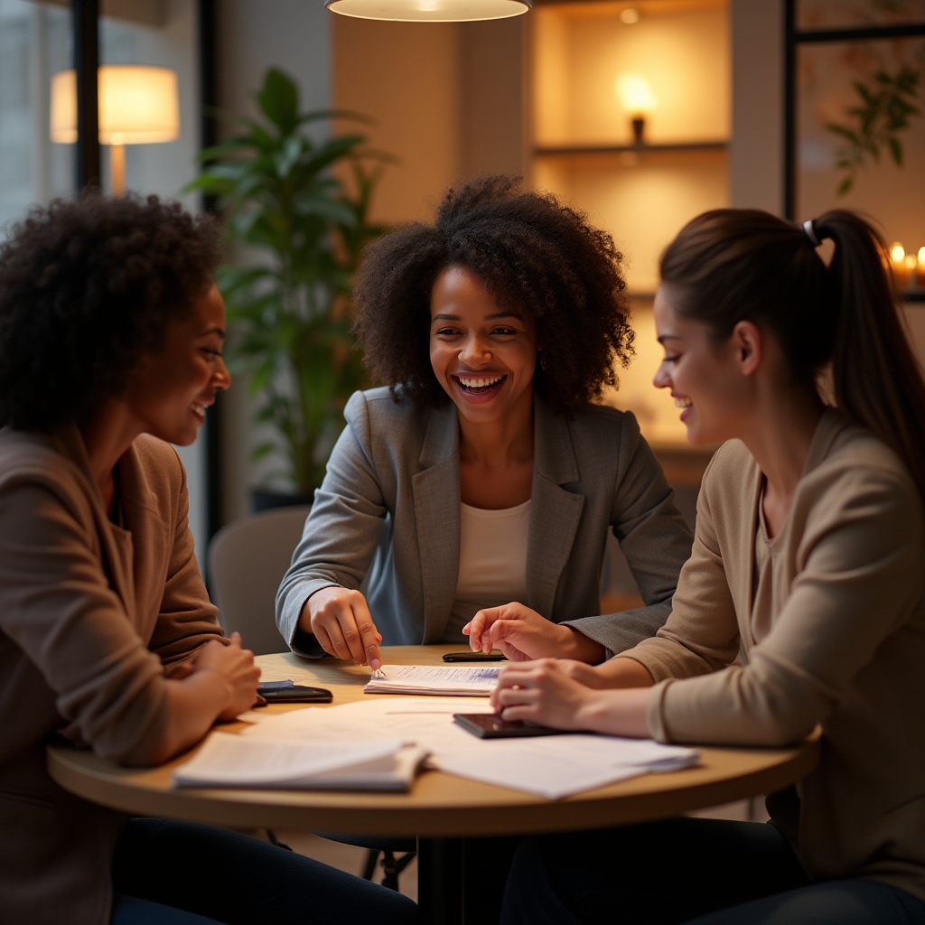 Three young adults in their mid-twenties sitting around a table with notebooks and laptops, engaged in focused discussion, warm interior light, diverse group